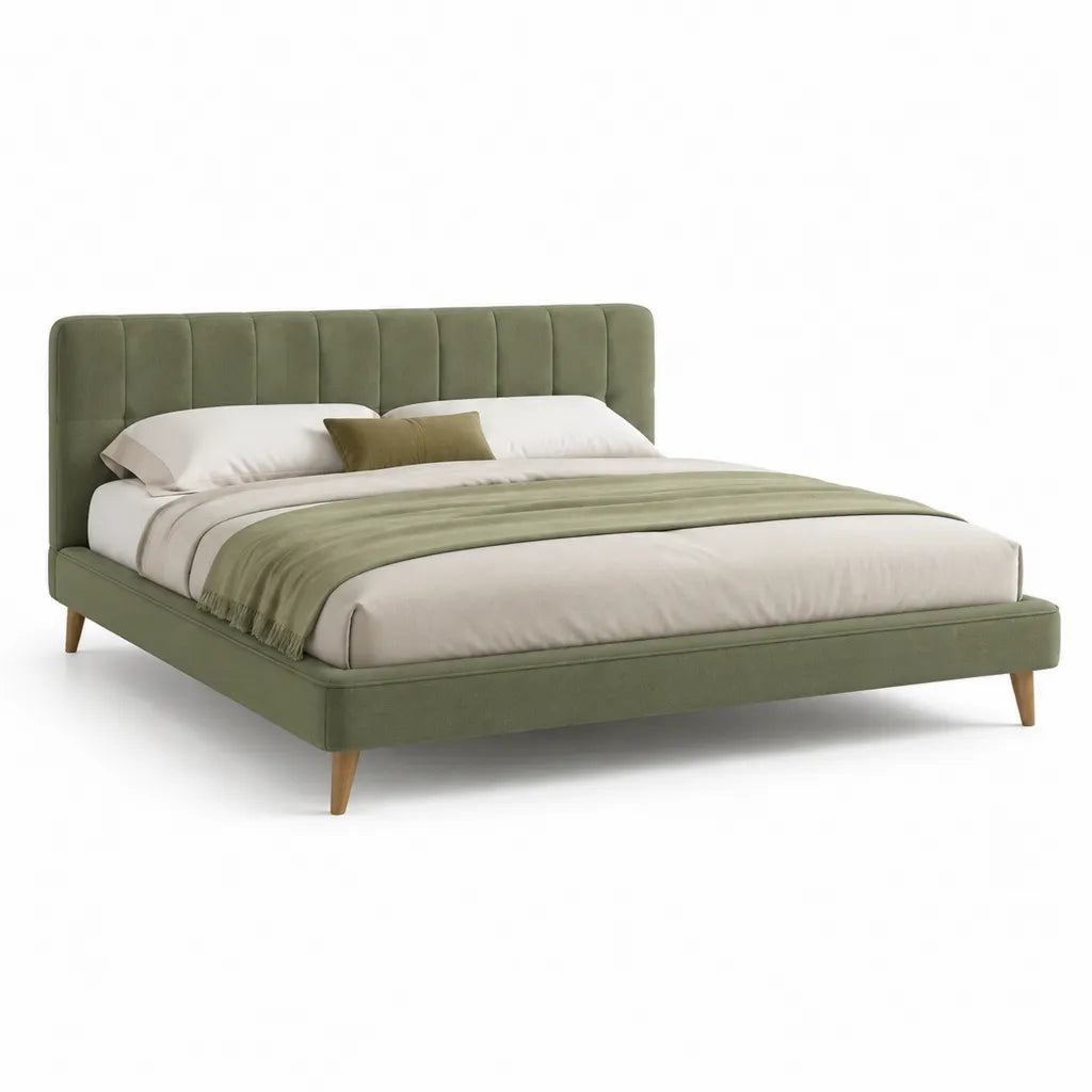 Letto matrimoniale 160 x 200 cm imbottito in poliestere verde oliva con testiera alta e piedini in legno massello