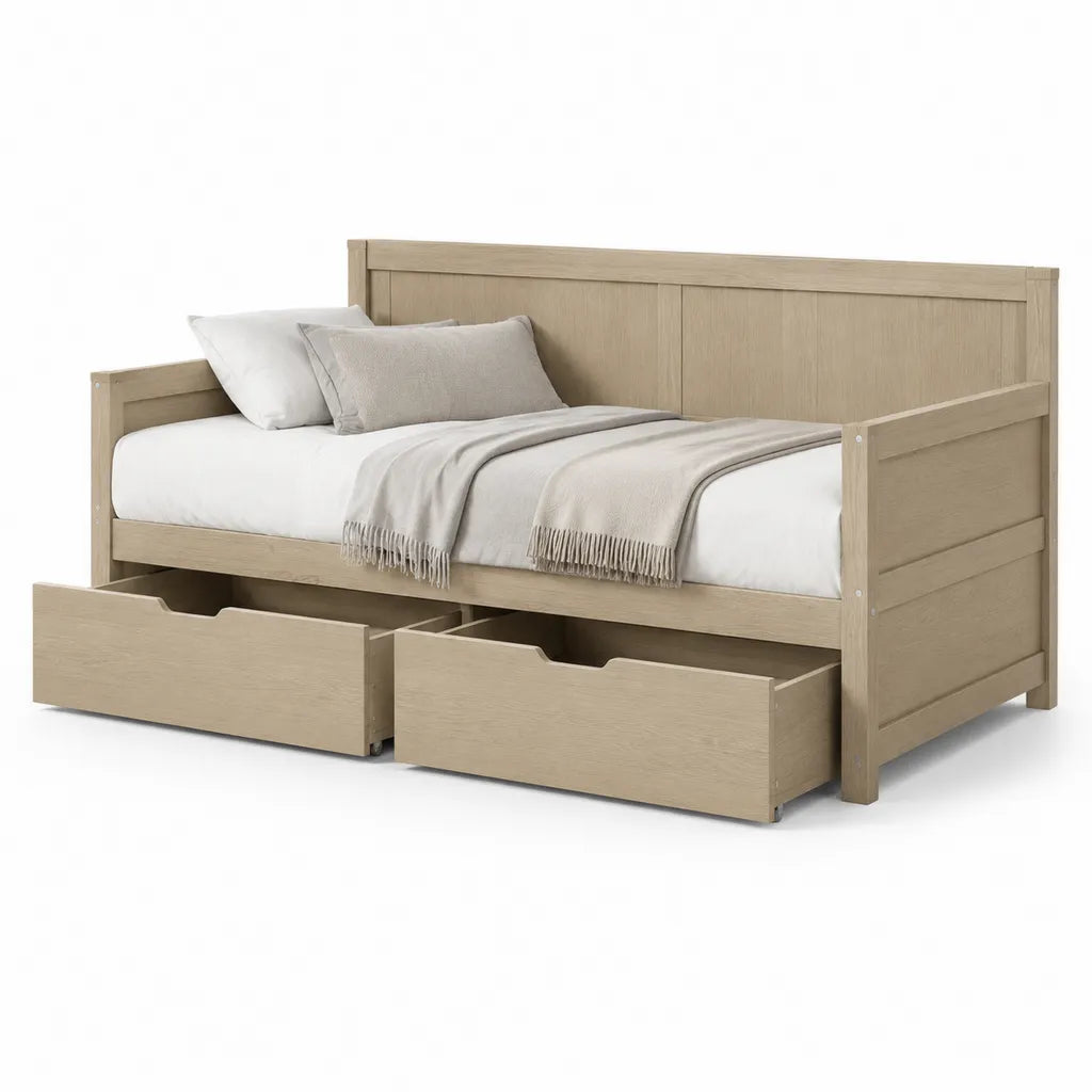 Letto singolo con 2 cassetti estraibili in MDF effetto rovere chiaro 206 x 100 x 91 cm