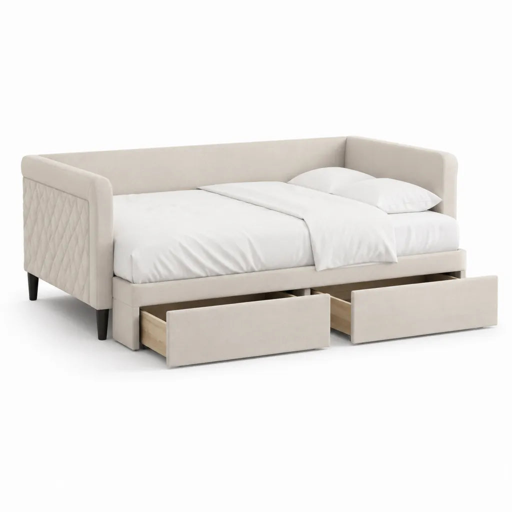 Letto singolo divano con 2 cassetti estraibili in poliestere beige 90 x 200 cm
