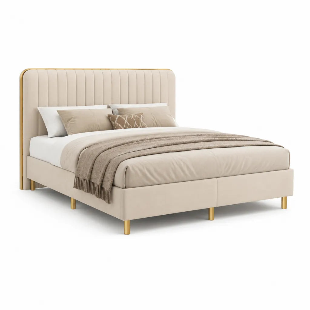 Letto matrimoniale imbottito 160 x 200 cm in poliestere beige con testiera arrotondata e gambe in acciaio dorato
