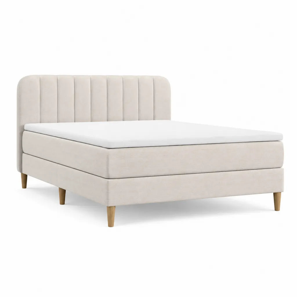 Letto matrimoniale imbottito con testiera a pannelli in poliestere beige 160 x 200 cm