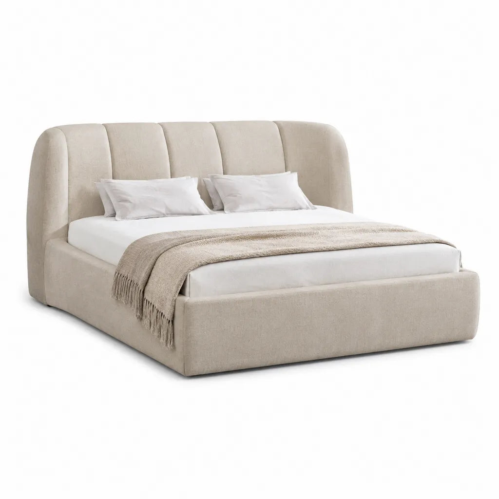 Letto matrimoniale imbottito 160 x 200 cm in poliestere beige con testiera curva