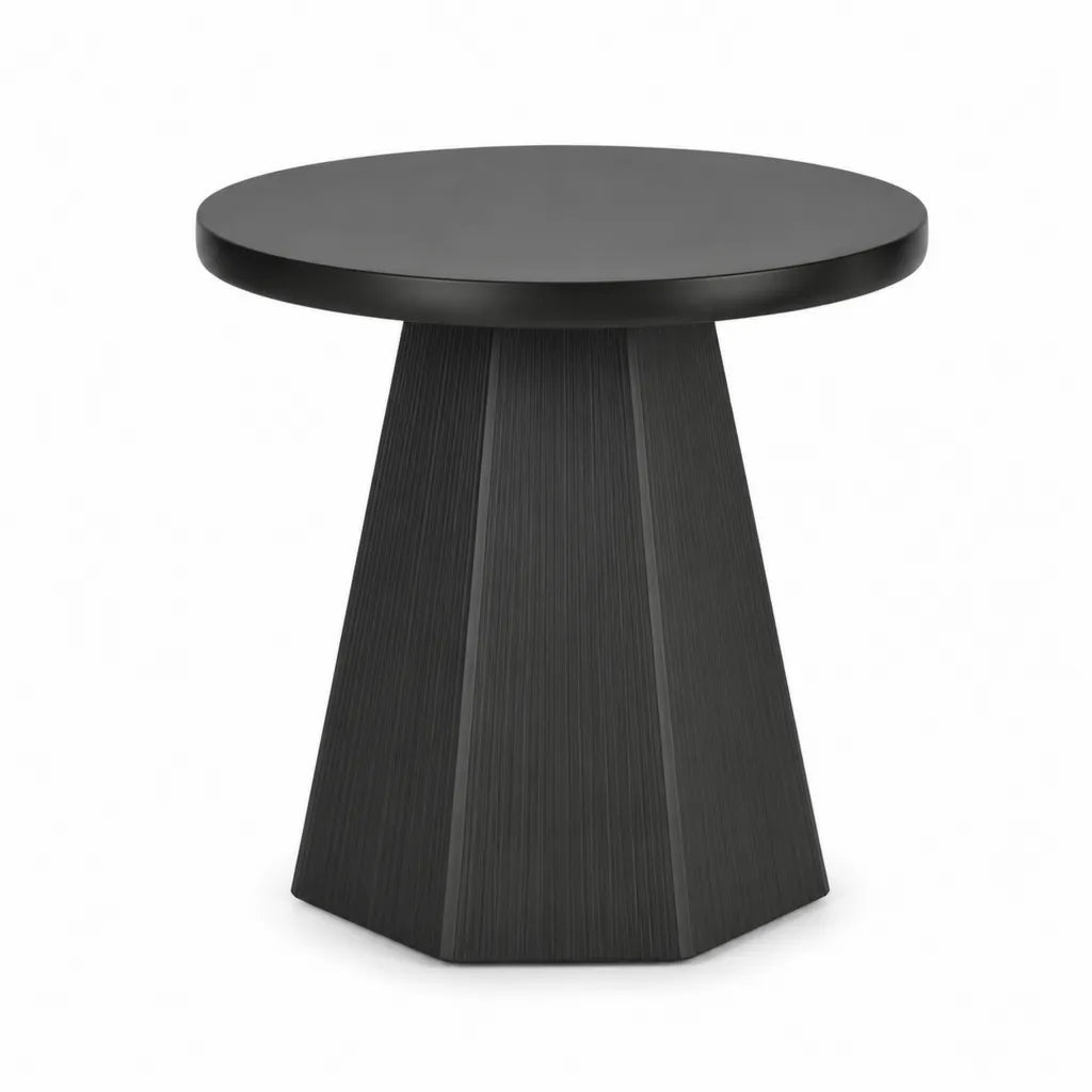 Tavolino laterale rotondo nero in MDF con finitura effetto rovere diametro 50 cm altezza 55 cm