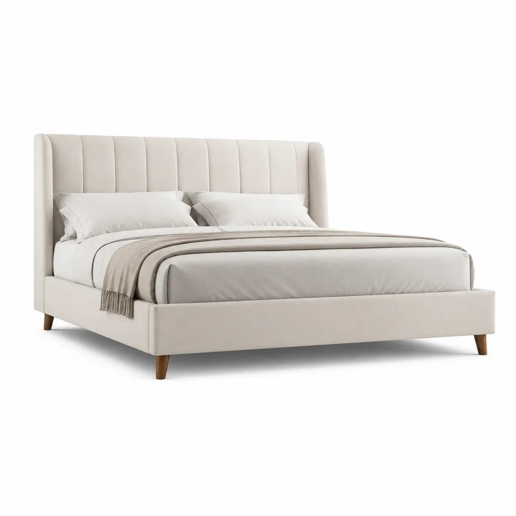 Letto matrimoniale imbottito 160 x 200 cm in poliestere beige con testiera alta a pannelli