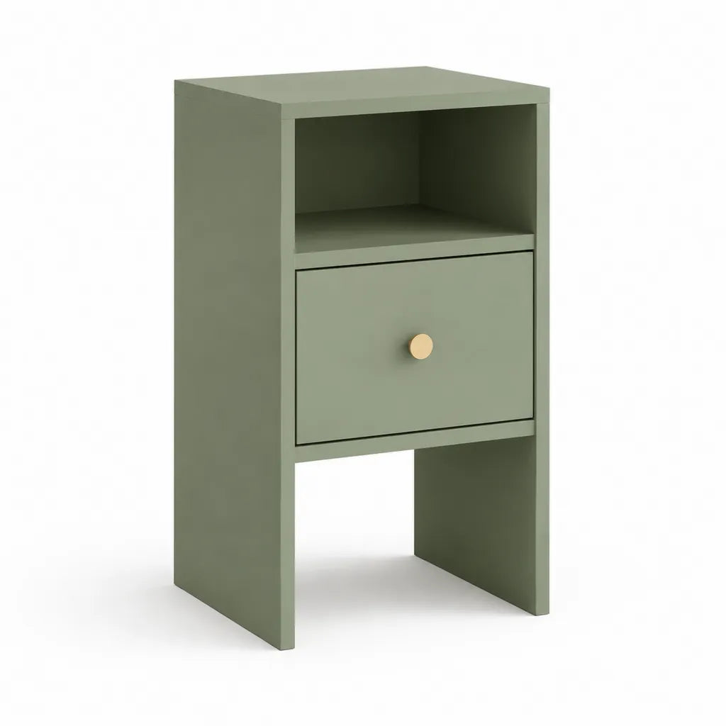 Comodino rettangolare con cassetto e vano aperto in MDF verde salvia e ottone 40 x 35 x 65 cm
