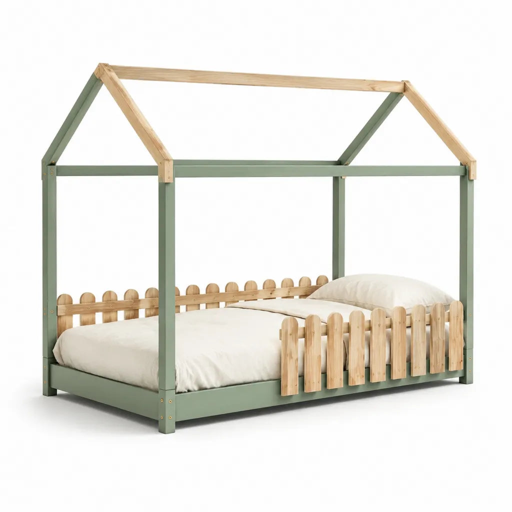 Letto per bambini a casetta 90 x 190 cm in legno massello di pino verde salvia e naturale
