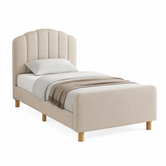 Letto singolo imbottito 90 x 200 cm in poliestere beige con testiera arrotondata e gambe in legno massello