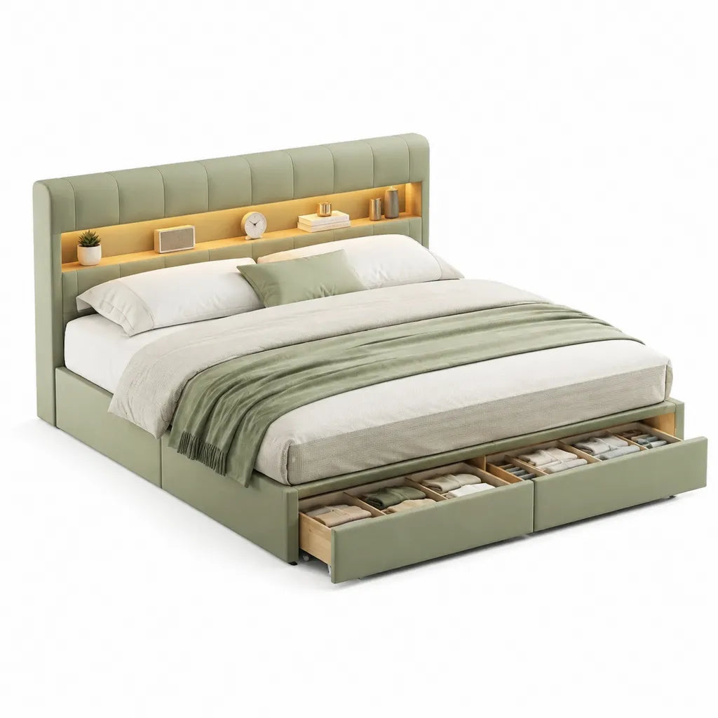 Letto contenitore matrimoniale 160 x 200 cm in PU verde salvia con testiera imbottita LED e 2 cassetti