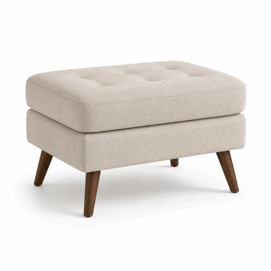Poggiapiedi imbottito rettangolare in poliestere beige con gambe in legno massello 75 x 55 x 45 cm