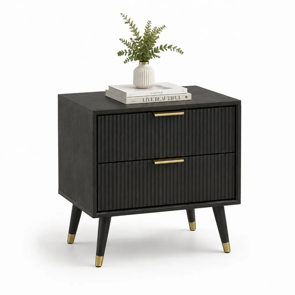 Comodino rettangolare a 2 cassetti in MDF nero 60 x 40 x 60 cm con maniglie oro