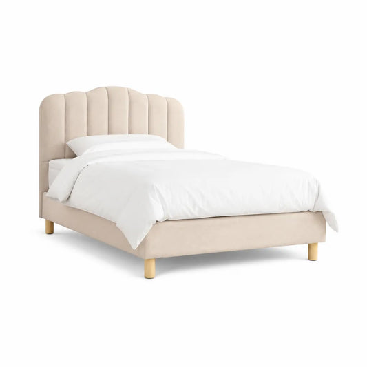 Letto matrimoniale imbottito 160 x 200 cm in velluto di poliestere beige con testiera arcuata