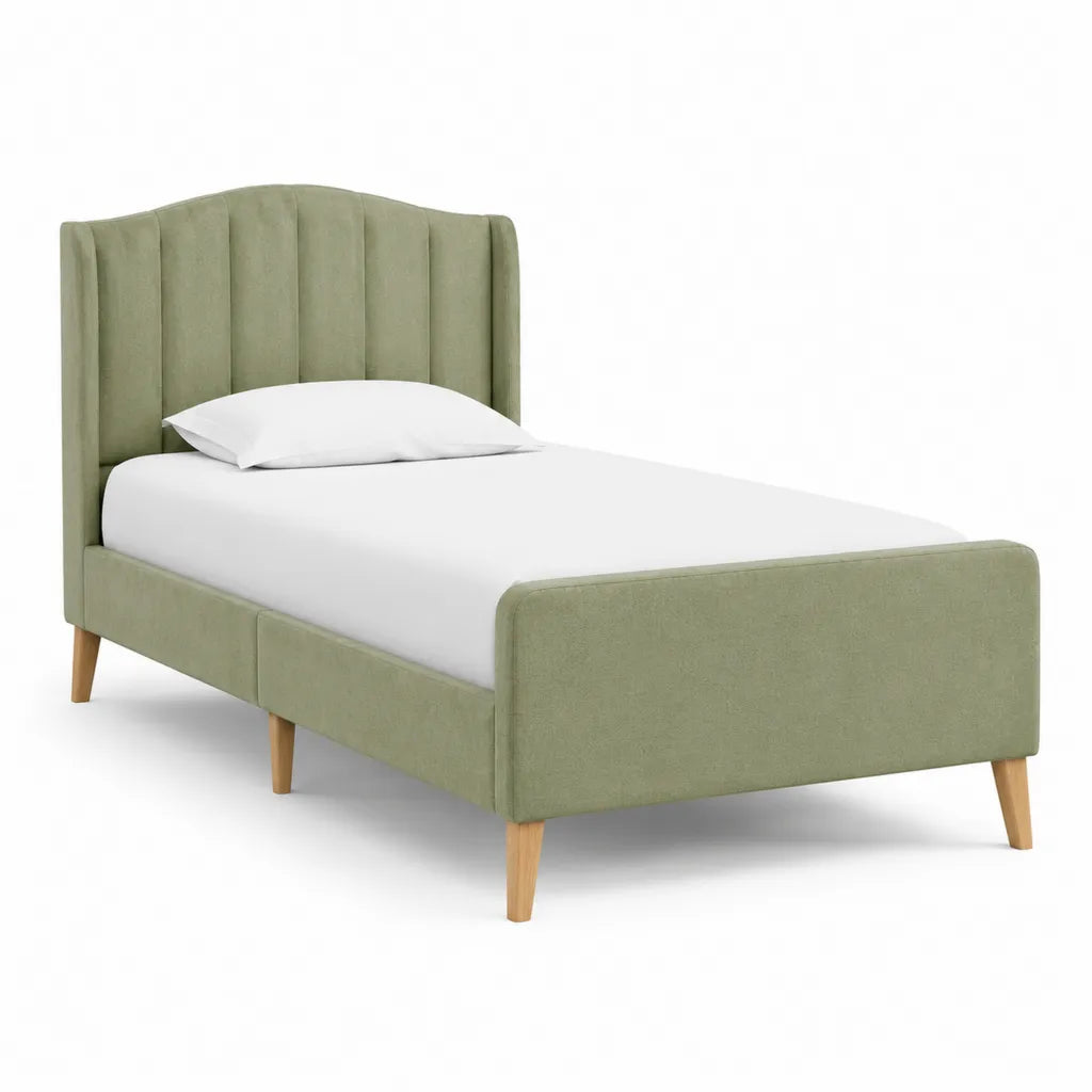 Letto singolo imbottito 90 x 200 cm in velluto di poliestere verde salvia con testiera alta sagomata