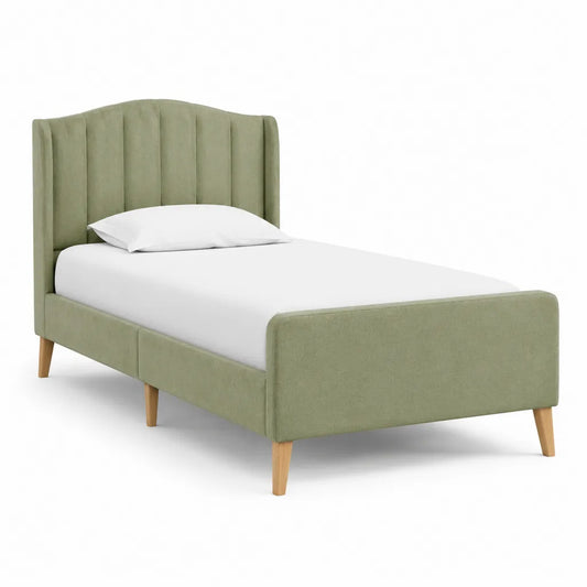 Letto singolo imbottito 90 x 200 cm in velluto di poliestere verde salvia con testiera alta sagomata