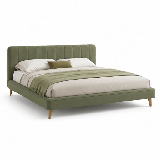 Letto matrimoniale 160 x 200 cm imbottito in poliestere verde oliva con testiera alta e piedini in legno massello