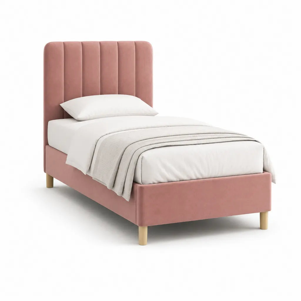 Letto singolo imbottito 90 x 190 cm in velluto di poliestere rosa con testiera alta