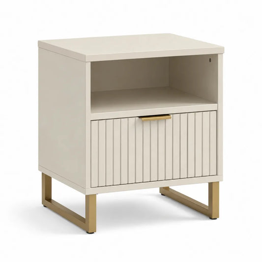 Comodino con cassetto e vano a giorno in MDF rettangolare crema e oro 45 x 40 x 60 cm