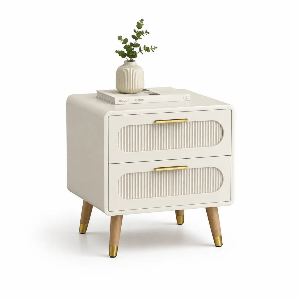 Comodino 2 cassetti in MDF rettangolare avorio con gambe in legno 45 x 40 x 60 cm