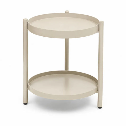 Tavolino laterale a due ripiani in acciaio rotondo crema diametro 45 cm altezza 55 cm