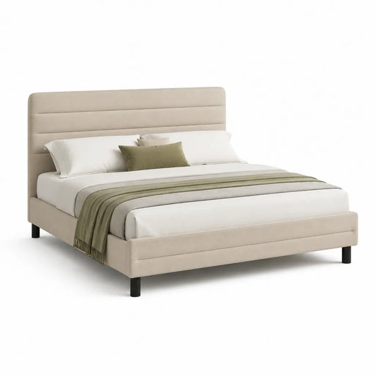Letto matrimoniale imbottito 160 x 200 cm in poliestere beige con testiera rettangolare e piedi neri