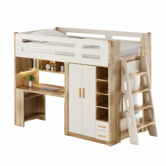 Letto a soppalco singolo per bambini 90 x 200 cm in MDF bianco e rovere con scrivania armadio e scala