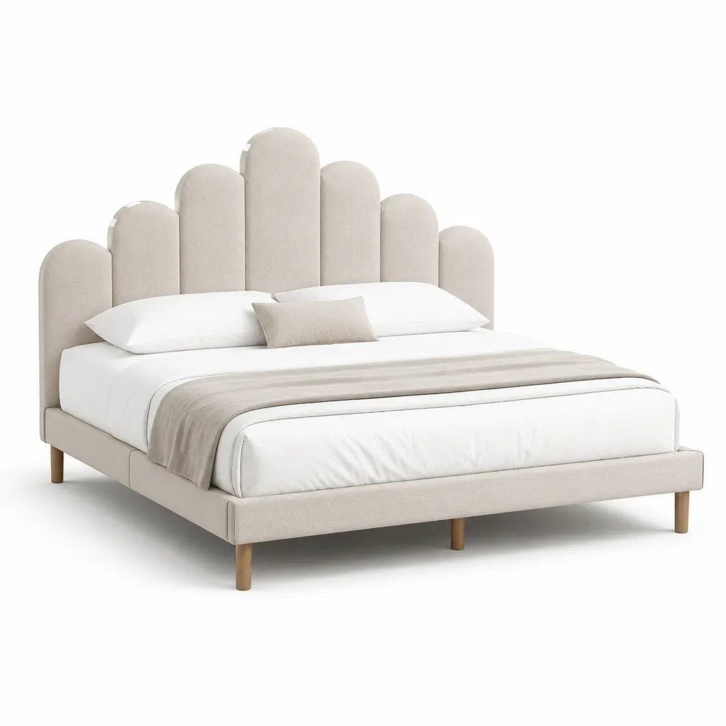 Letto matrimoniale imbottito 160 x 200 cm in poliestere beige con testiera ad archi e gambe in legno massello