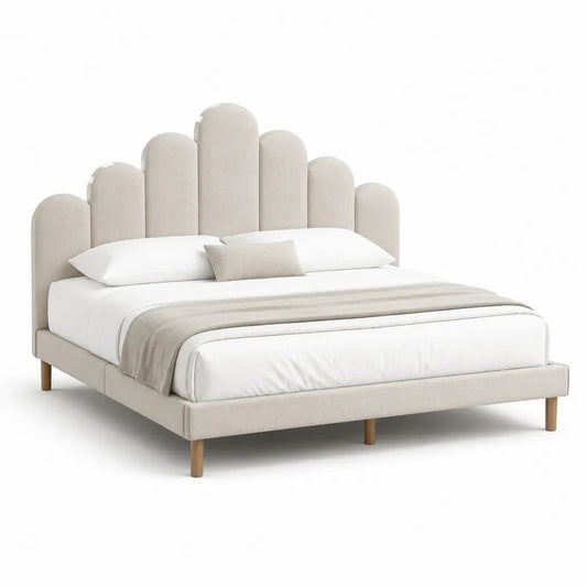 Letto matrimoniale imbottito 160 x 200 cm in poliestere beige con testiera ad archi e gambe in legno massello