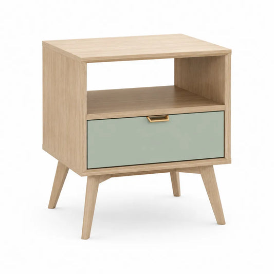 Comodino con cassetto e vano aperto 40 x 35 x 60 cm in MDF rovere chiaro verde salvia rettangolare