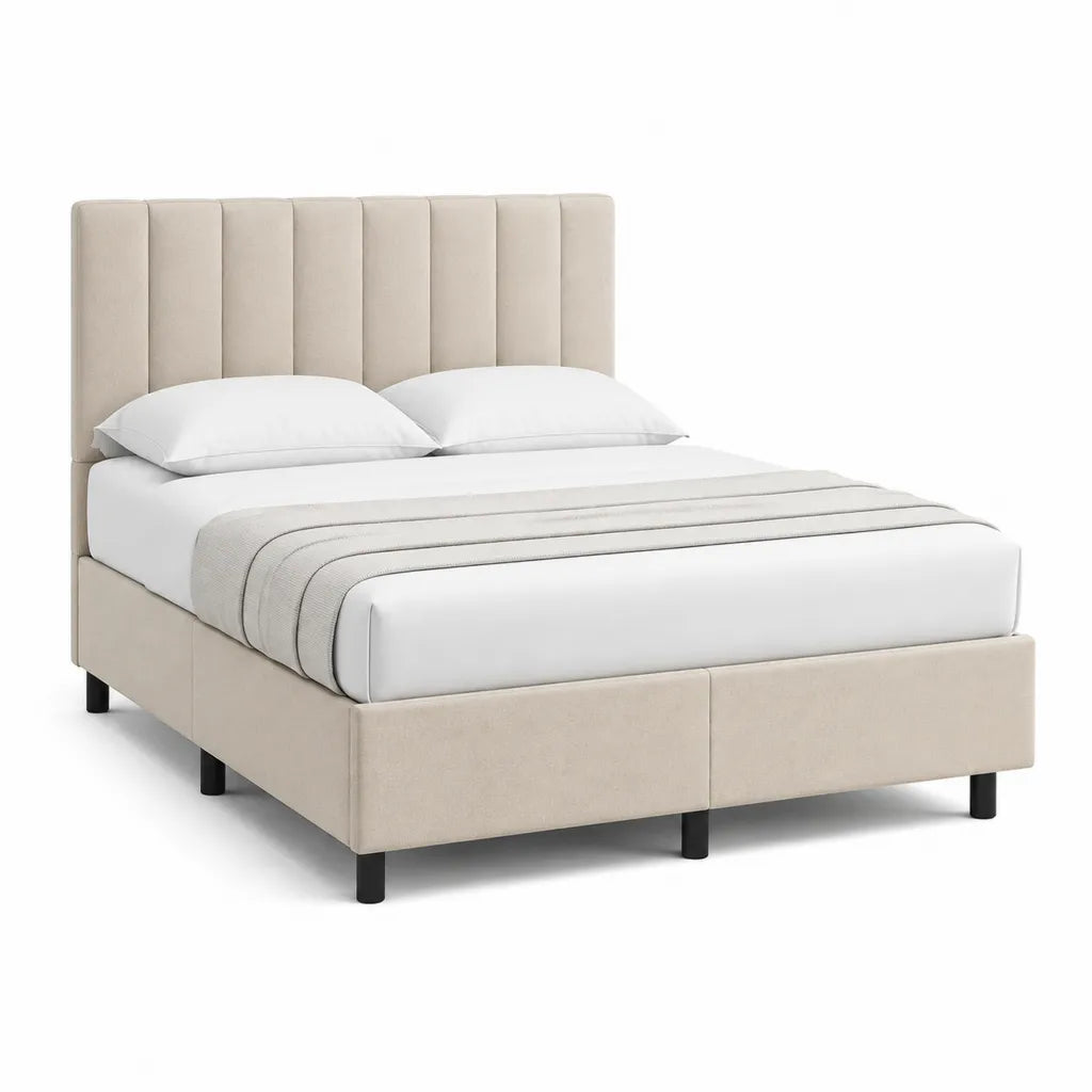 Letto matrimoniale rettangolare 160 x 200 cm in poliestere beige con testiera imbottita alta