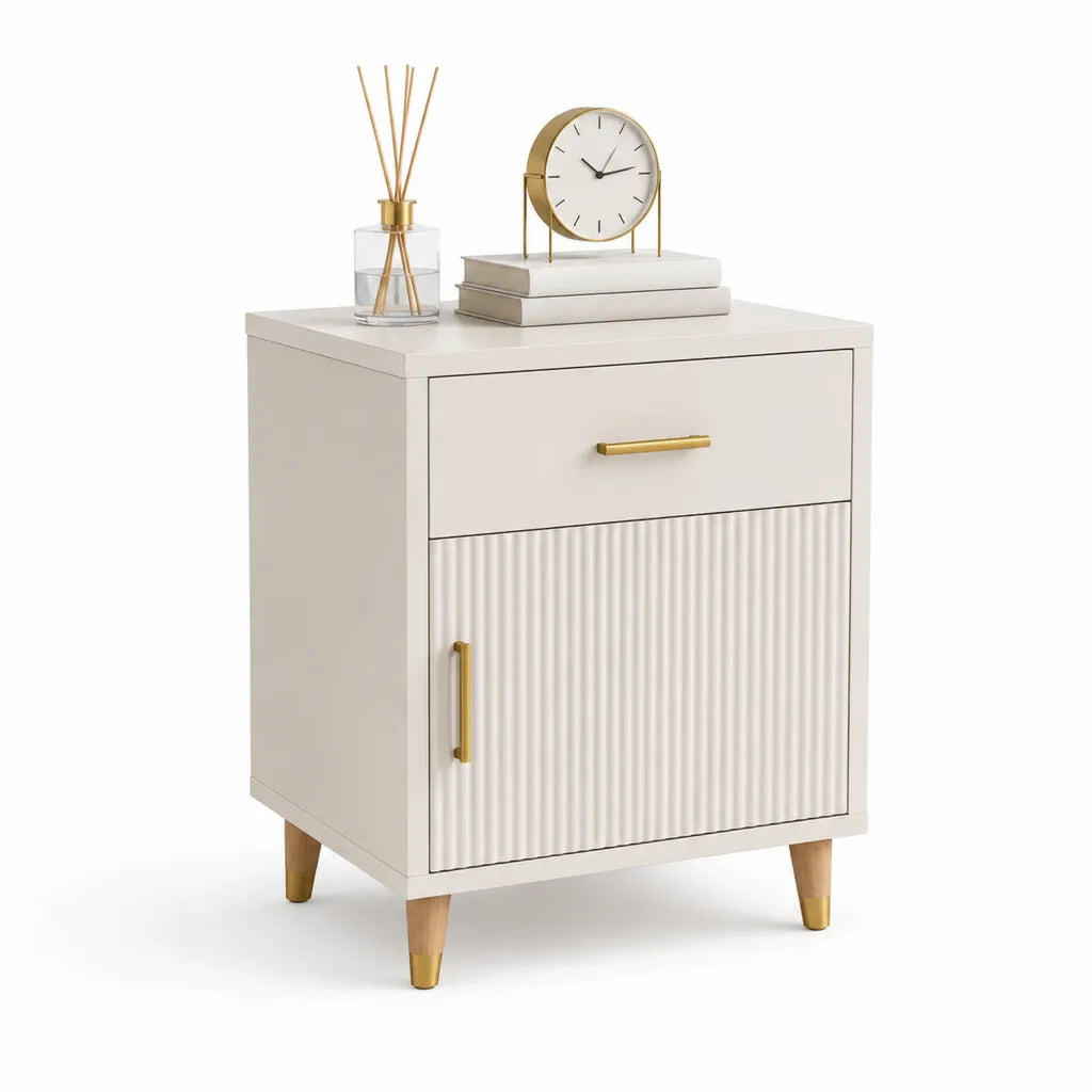 Comodino rettangolare 45 x 40 x 60 cm in MDF bianco con anta e cassetto