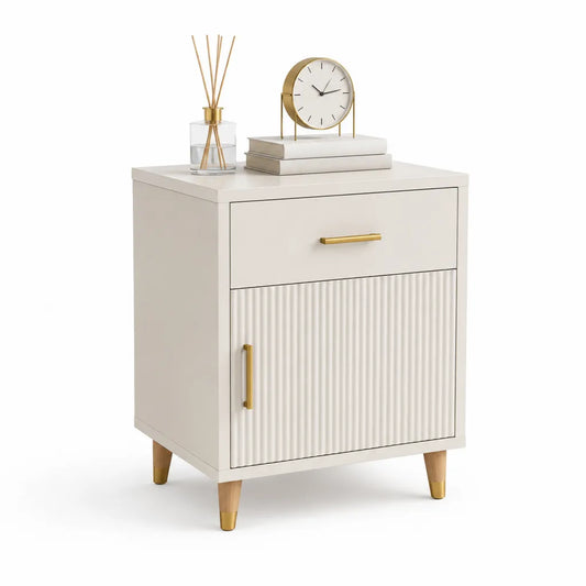 Comodino rettangolare 45 x 40 x 60 cm in MDF bianco con anta e cassetto