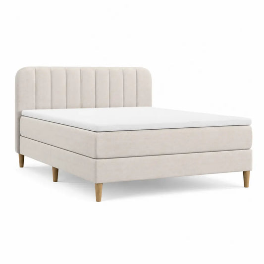 Letto matrimoniale imbottito con testiera a pannelli in poliestere beige 160 x 200 cm
