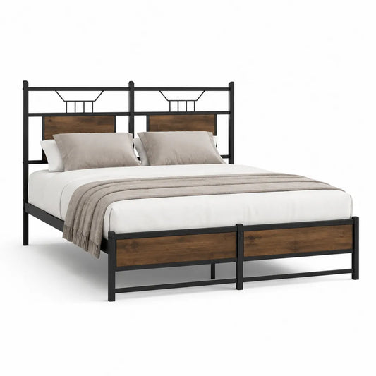 Letto matrimoniale con struttura in acciaio e pannelli MDF effetto noce nero 160 x 200 cm