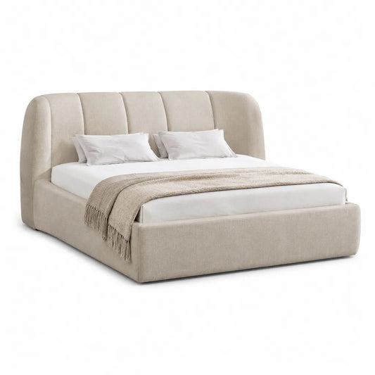 Letto matrimoniale imbottito 160 x 200 cm in poliestere beige con testiera curva