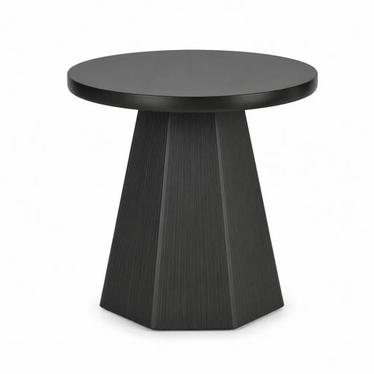 Tavolino laterale rotondo nero in MDF con finitura effetto rovere diametro 50 cm altezza 55 cm