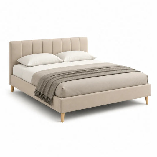 Letto matrimoniale imbottito 160 x 200 cm in poliestere beige con testiera a pannelli verticali