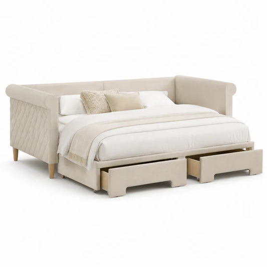 Letto matrimoniale imbottito con 2 cassetti 160 x 200 cm in poliestere beige