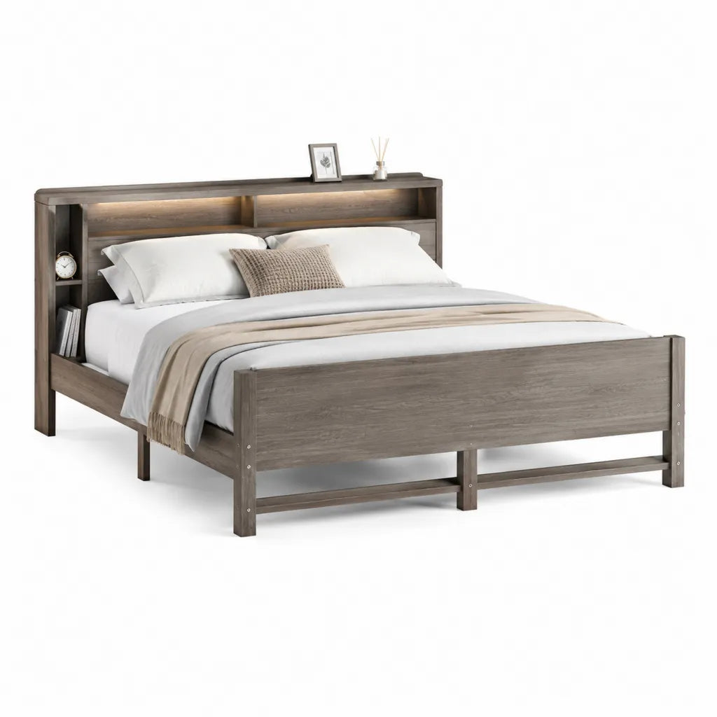 Letto matrimoniale con testiera libreria LED in legno massello grigio 160 x 200 cm