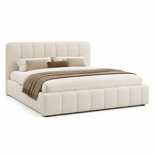 Letto matrimoniale imbottito 180 x 200 cm in poliestere beige con testiera curva