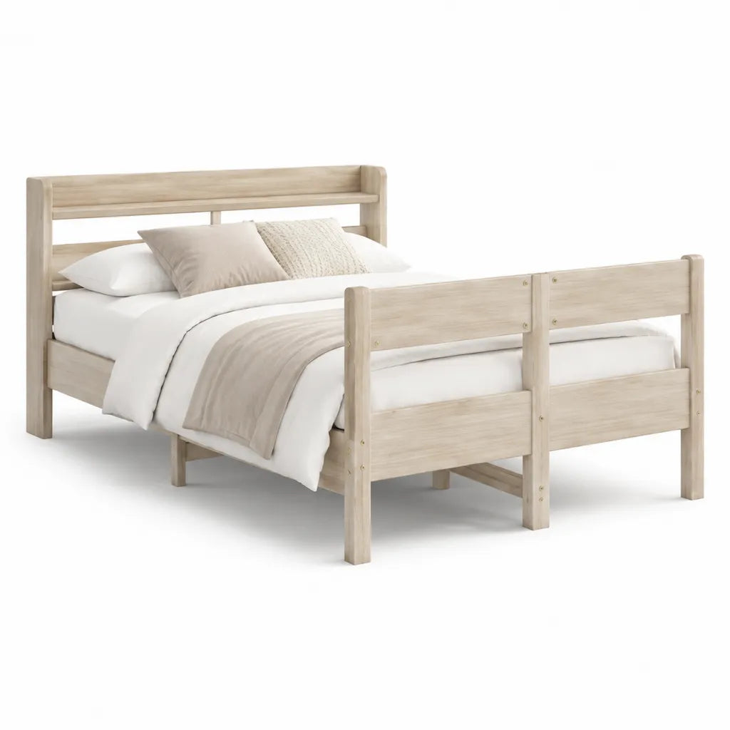 Letto matrimoniale in pino massello con testiera e pediera 140 x 200 cm beige chiaro