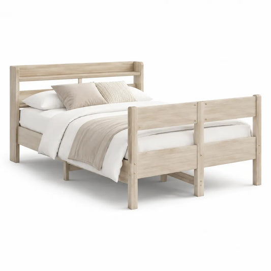 Letto matrimoniale in pino massello con testiera e pediera 140 x 200 cm beige chiaro