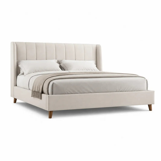 Letto matrimoniale imbottito 160 x 200 cm in poliestere beige con testiera alta a pannelli