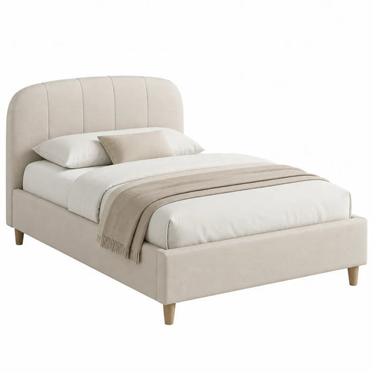 Letto matrimoniale imbottito 160 x 200 cm in poliestere beige con testiera arrotondata