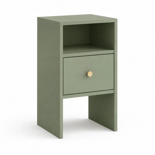 Comodino rettangolare con cassetto e vano aperto in MDF verde salvia e ottone 40 x 35 x 65 cm