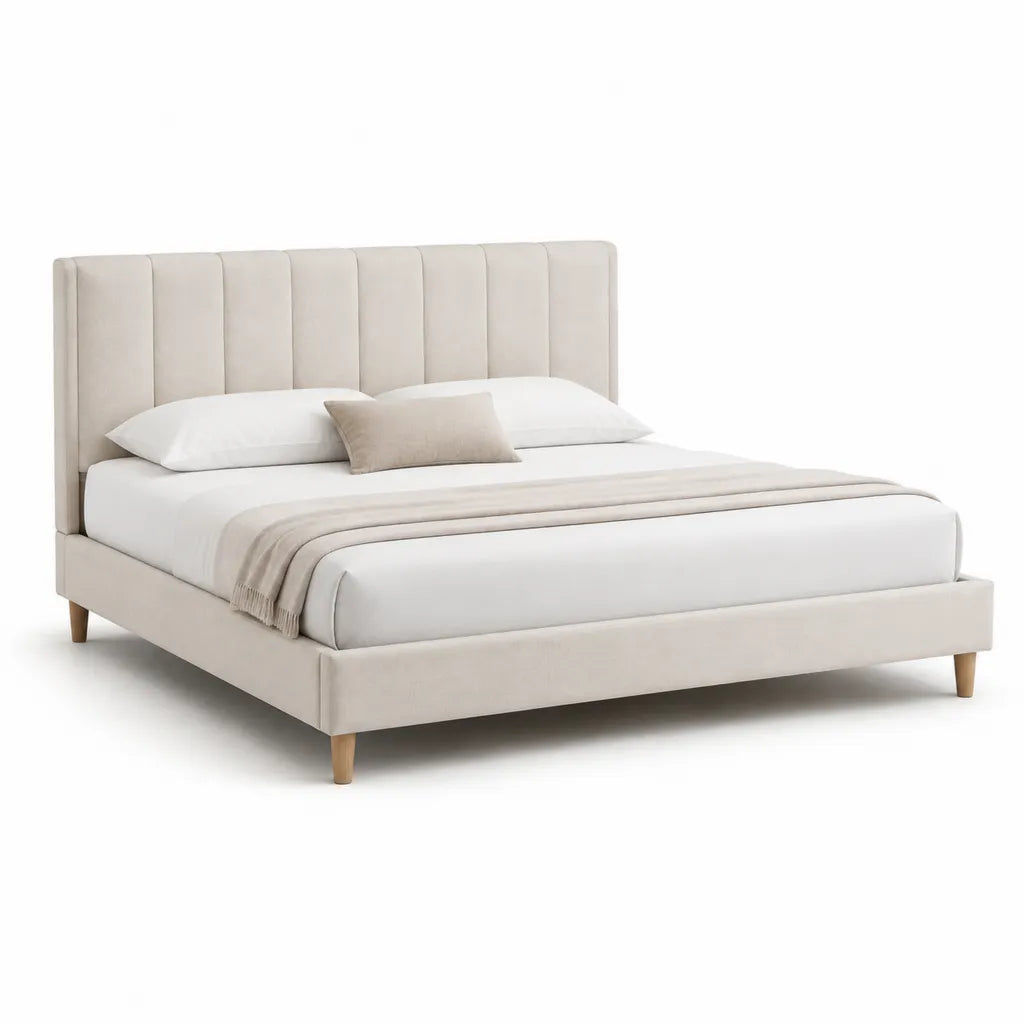 Letto matrimoniale imbottito 160 x 200 cm con testiera a pannelli in poliestere beige