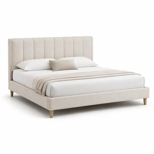 Letto matrimoniale imbottito 160 x 200 cm con testiera a pannelli in poliestere beige
