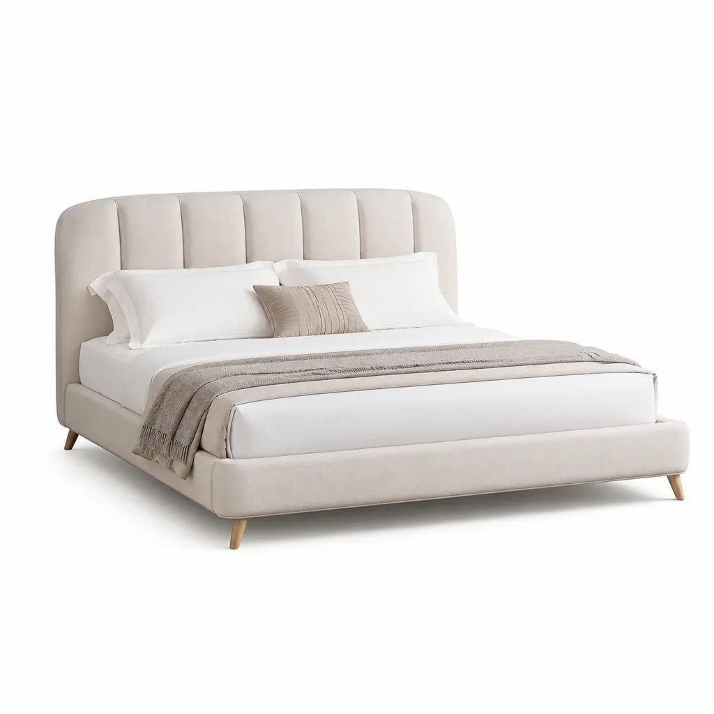 Letto matrimoniale imbottito 160 x 200 cm in poliestere beige con testiera curva e gambe in legno massello
