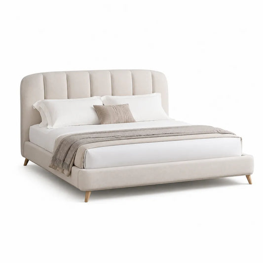 Letto matrimoniale imbottito 160 x 200 cm in poliestere beige con testiera curva e gambe in legno massello