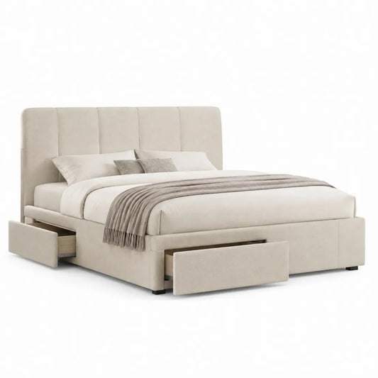 Letto matrimoniale rettangolare imbottito con 3 cassetti in poliestere beige 160 x 200 cm