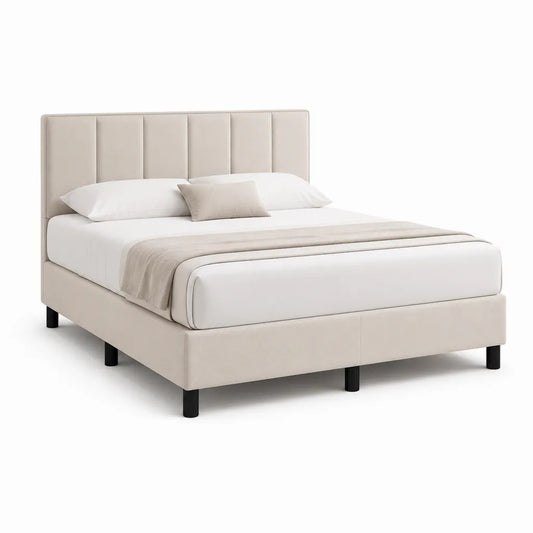 Letto matrimoniale imbottito con testiera 160 x 200 cm in poliestere beige rettangolare