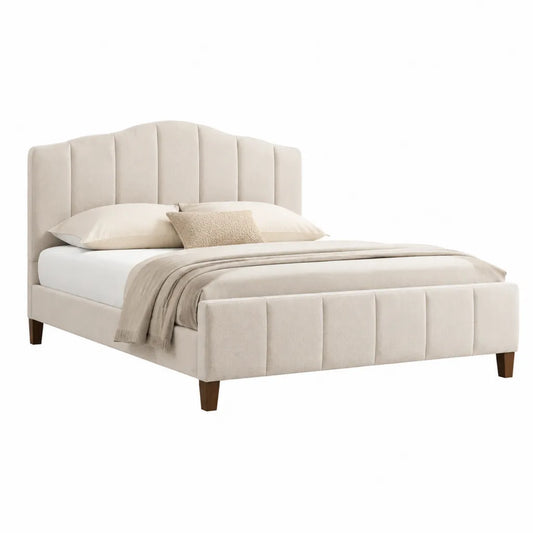 Letto matrimoniale imbottito 160 x 200 cm in poliestere beige con testiera arcuata